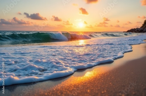 Sunset over ocean waves on sandy beach with vibrant colors