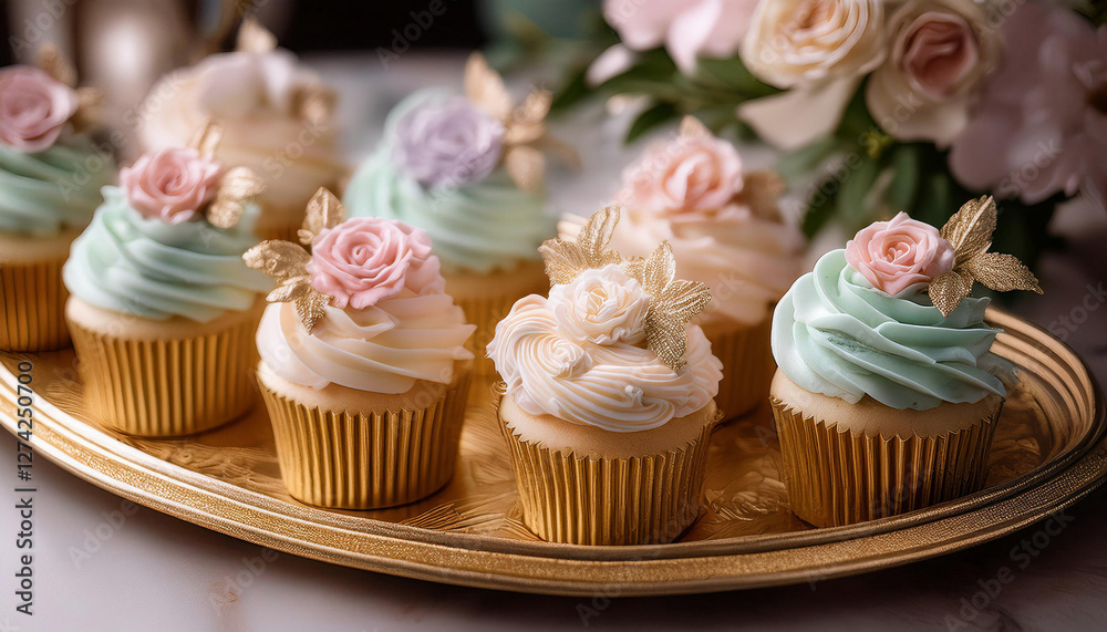 A set of elegant cupcakes with smooth white and pastel-colored frosting, decorated with gold and floral toppers, is arranged on a luxurious golden tray. A set of elegant cupcakes with smooth white and pastel-colored frosting, decorated with gold and floral toppers, is arranged on a luxurious golden tray.