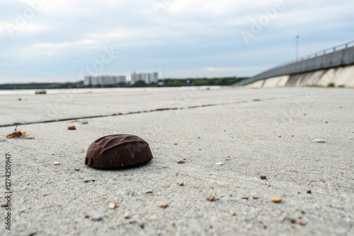 Dark brown rubber fragment on light gray surface, light gray, rubber, background, fragments, dark brown