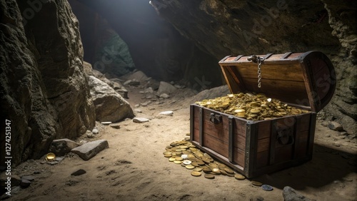 Dark and dusty cave with a large wooden treasure chest filled with piles of shiny gold coins and glittering jewels, jewels, treasure chest, cave