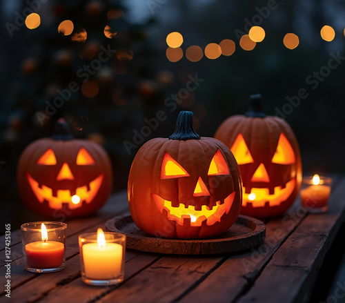 halloween - Jack O' Lanterns - Candles And String Lights On Wooden Table.  outdoors. moody