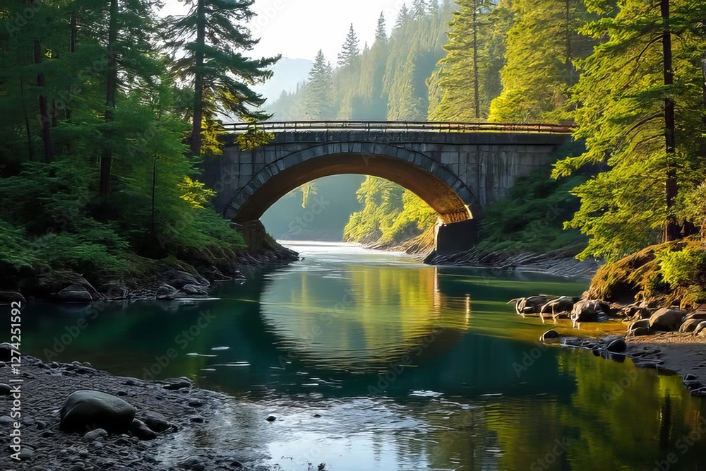 Fototapeta premium Majestic Stone Arch Bridge Over Serene River in Lush Forest