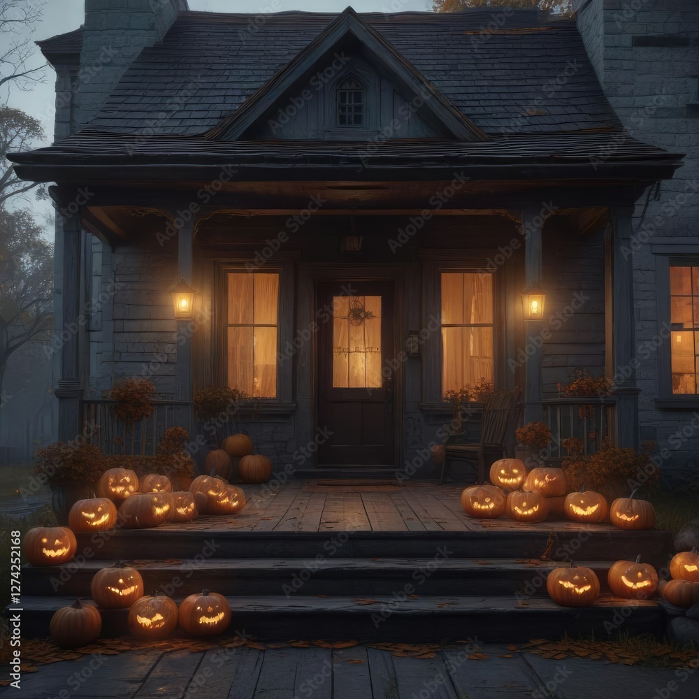 Fototapeta premium Creepy old house with flickering jack-o-lanterns on porch, night, scary, spooky
