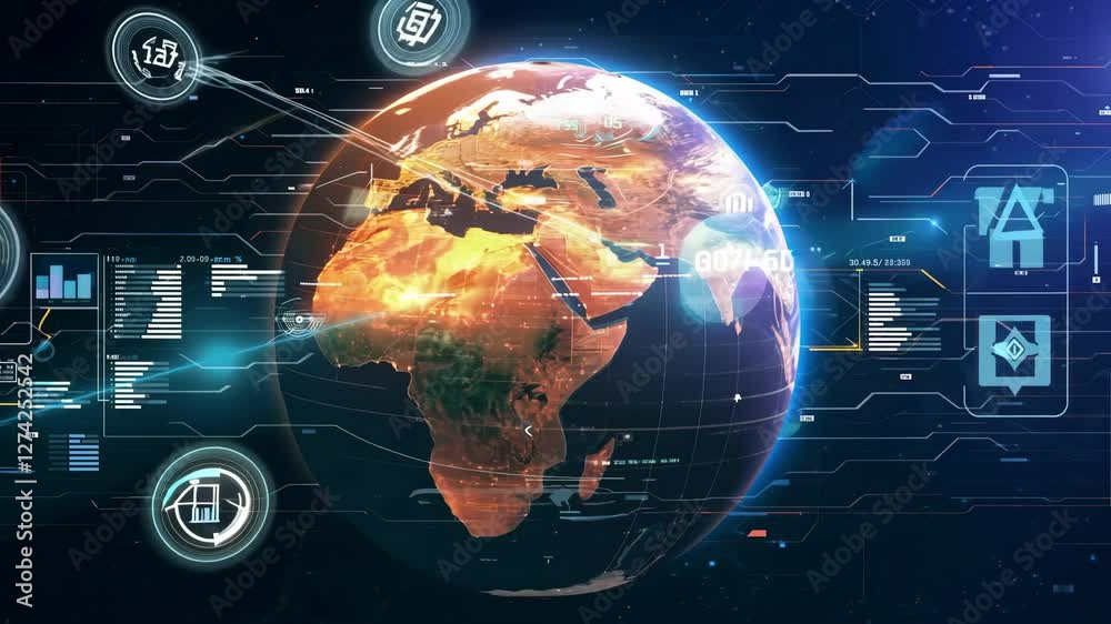 Earth rotating slowly with futuristic hud interface and data analysis