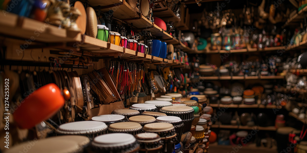 Variety of Percussion Instruments on Wooden Shelves Variety of Percussion Instruments on Wooden Shelves