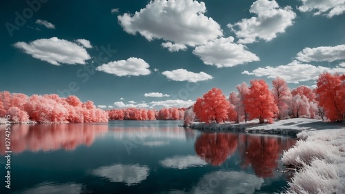 lake surrounded by trees in summer, photographed with infrared lenses photo