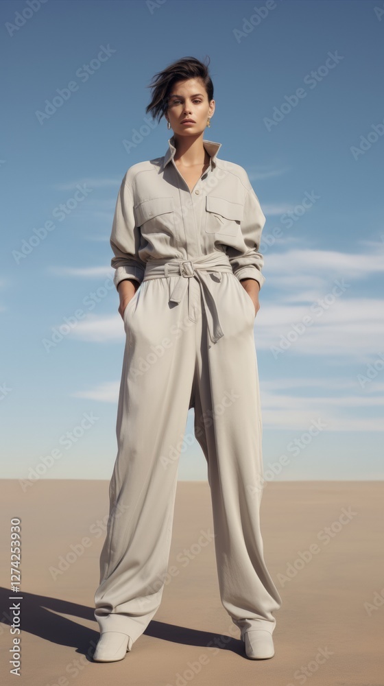 Confident young caucasian female in stylish desert outfit standing against clear sky Confident young caucasian female in stylish desert outfit standing against clear sky
