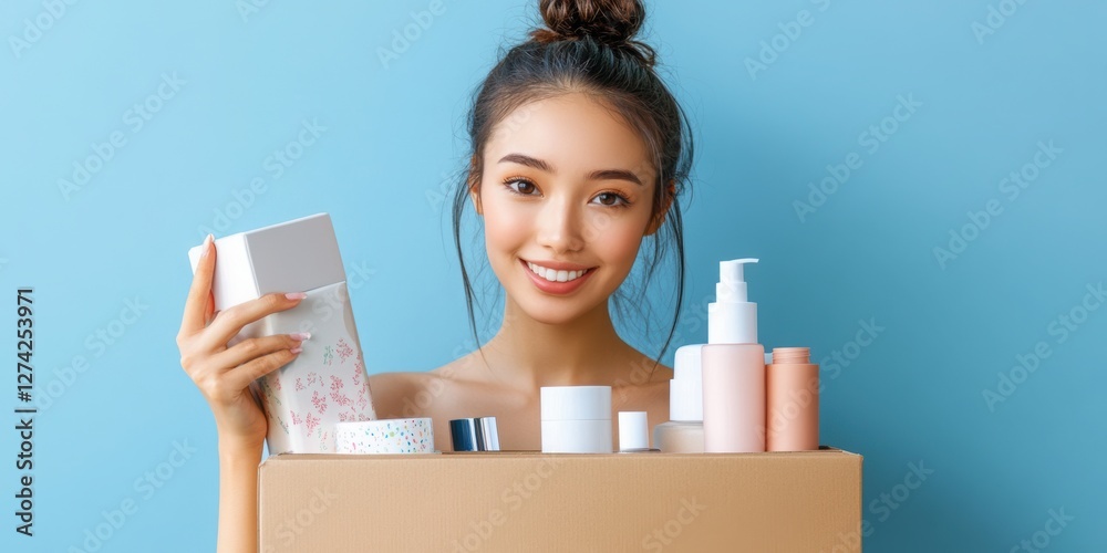 Asian woman unpacking a box of cosmetics, space for text. Asian woman unpacking a box of cosmetics, space for text.