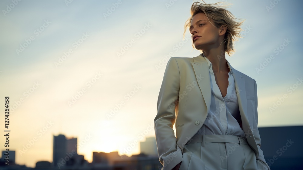Confident young caucasian female in stylish suit at sunset on rooftop Confident young caucasian female in stylish suit at sunset on rooftop