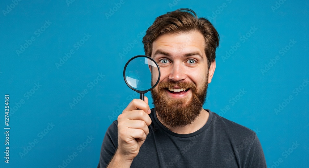 Man Looking Through Magnifying Glass with Excited Expression on Blue Background Man Looking Through Magnifying Glass with Excited Expression on Blue Background