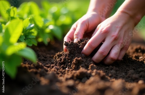 Hands tending to garden soil with fresh green plants in sunlight