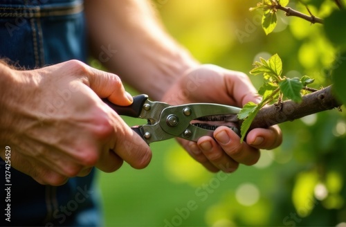 Caucasian adult male pruning branch with garden shears outdoors