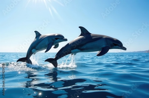 Two dolphins leaping in sunlit ocean with clear blue skies photo