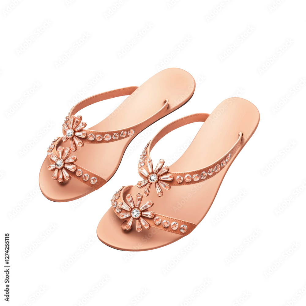 Obraz premium Stylish pink sandals with decorative flowers and rhinestones, perfect for summer outings and beachwear. These fashionable flip flops combine comfort and elegance for any casual occasion