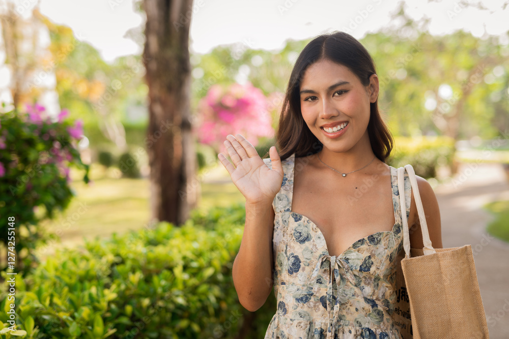 young woman with ecofriendly bag smiling and waving hand young woman with ecofriendly bag smiling and waving hand