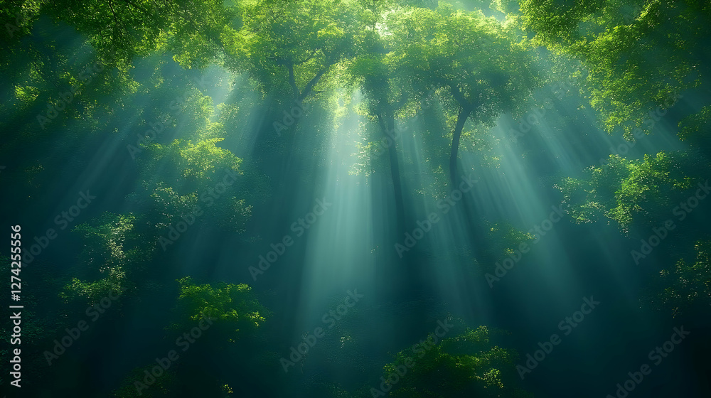 Fototapeta premium Sunbeams Illuminating Lush Green Forest