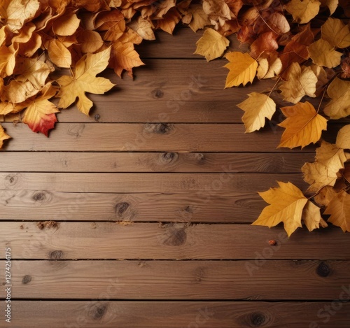 Cozy autumn evening with a border of dried golden leaves on a wooden table, fall evening, autumnal colors, earthy tones