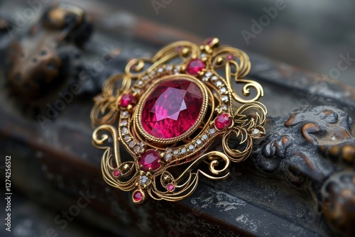 Exquisite vintage brooch with a large pink gemstone intricately designed in gold, showcasing elegance and craftsmanship photo