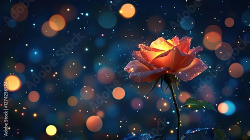 Glowing Rose at Night; Magical Floral; Romantic; Decorative; Background Bokeh; Image Use Stock Photo; Romantic; Love photo