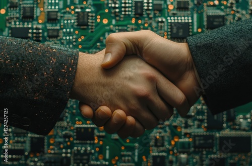 Business handshake in front of electronic circuit board shows new tech collaboration in green photo