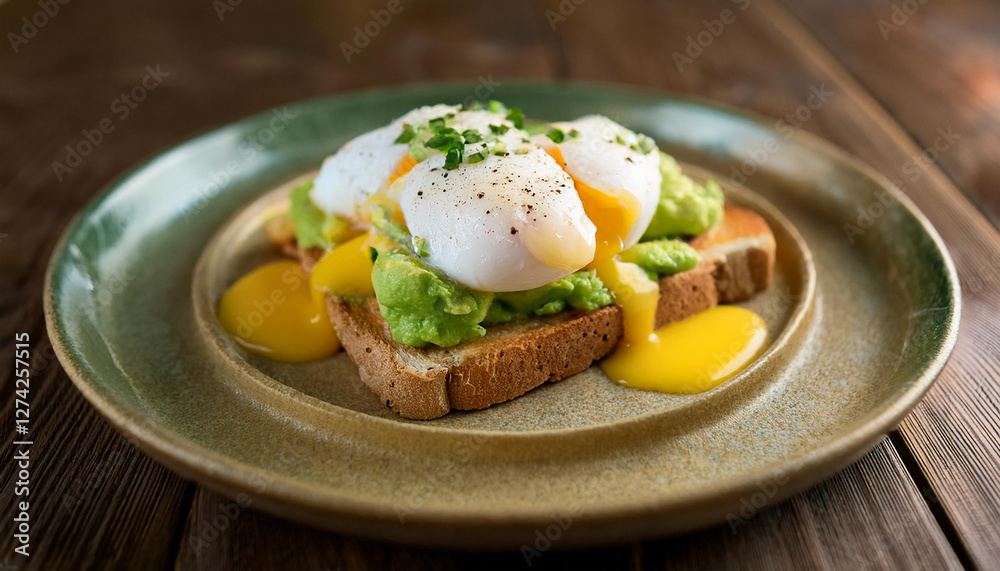 Toasted bread with poached eggs with avocado and hollandaise sauce. Tasty food for breakfast. Toasted bread with poached eggs with avocado and hollandaise sauce. Tasty food for breakfast.