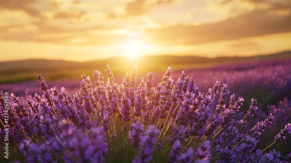 Obraz premium Lavender a serene landscape of lavender fields in full bloom under a golden sunset, with a gentle breeze creating ripples across the flowers