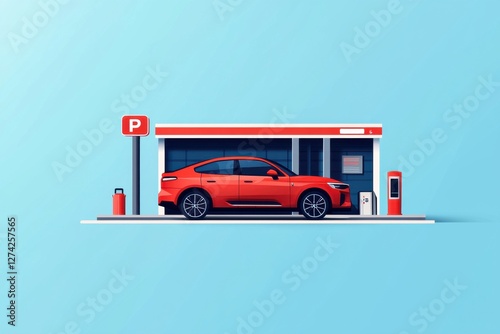 Car parking icon at highway rest area parking lot illustration flat design concept