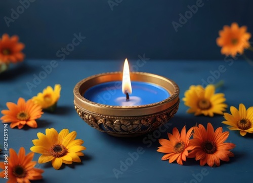 Colorful diya with burning candle and orange flowers against blue background, autumn colors, festive centerpieces