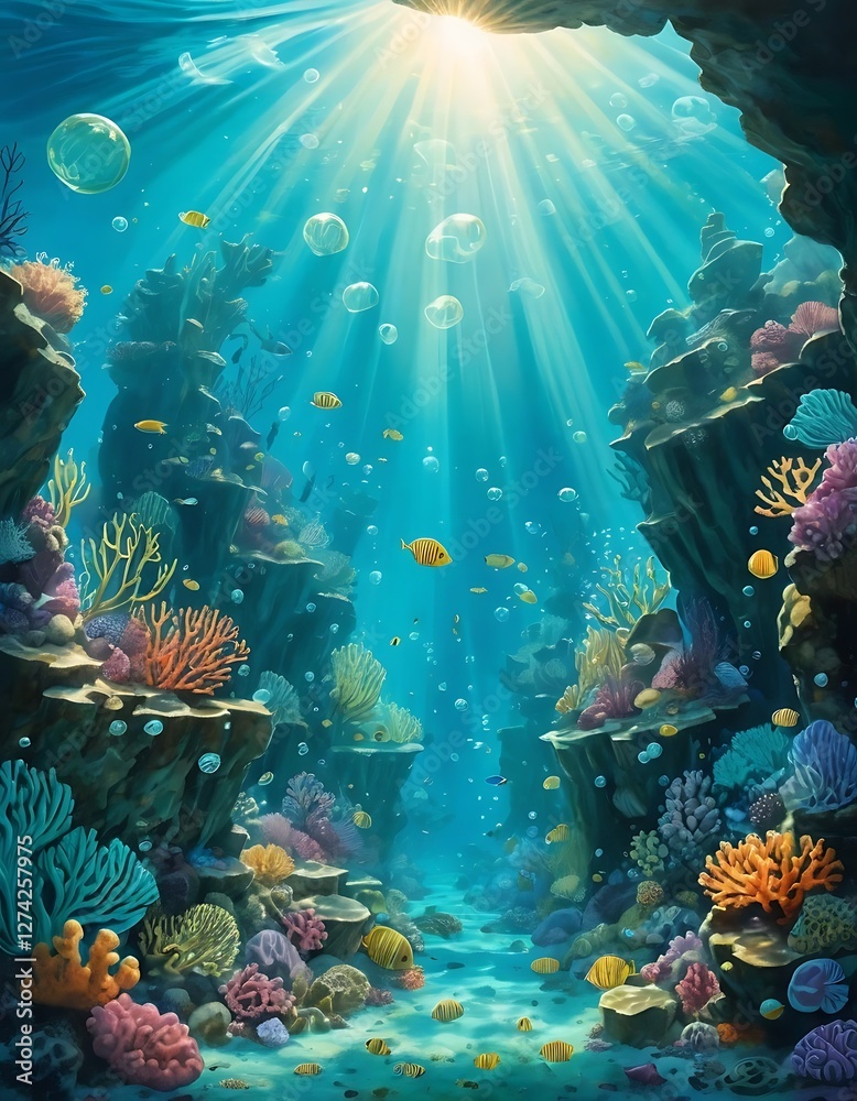 Obraz premium Sunlit coral reef ecosystem with thriving marine life and blue ocean