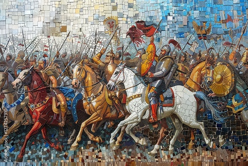 Dynamic battle scene featuring armored knights on horseback in a historic mosaic displaying a medieval conflict with vibrant colors