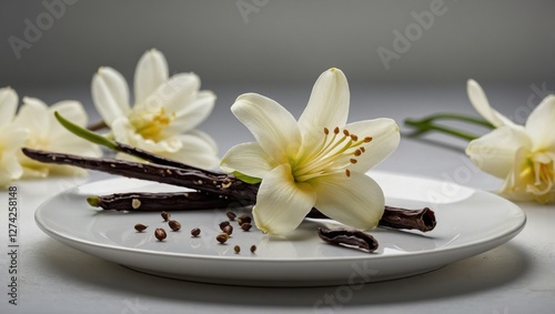 Vanilla pod and flower on a plate