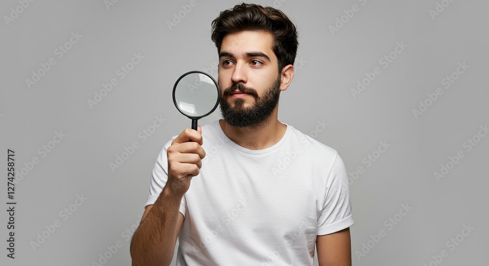 Man Holding Magnifying Glass Looking Away Thoughtfully in a Studio Man Holding Magnifying Glass Looking Away Thoughtfully in a Studio