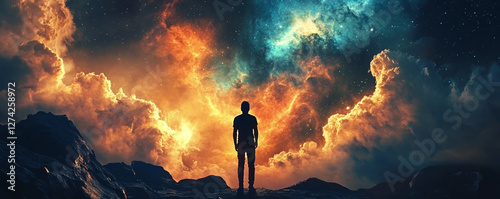 A man stands on the edge of an abyss, looking up at his burning world above him.