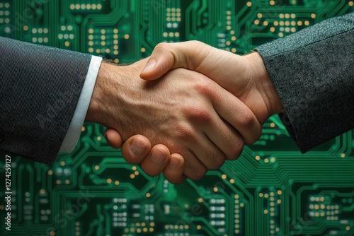 Handshake between two businessmen with a motherboard background for tech partnership ads