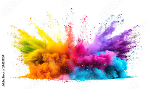 Rainbow dust powder explosion transparent PNG, isolated background. Dynamic blast eruption, vibrant colorful effect, lgbt, party, celebration, festival, color run element