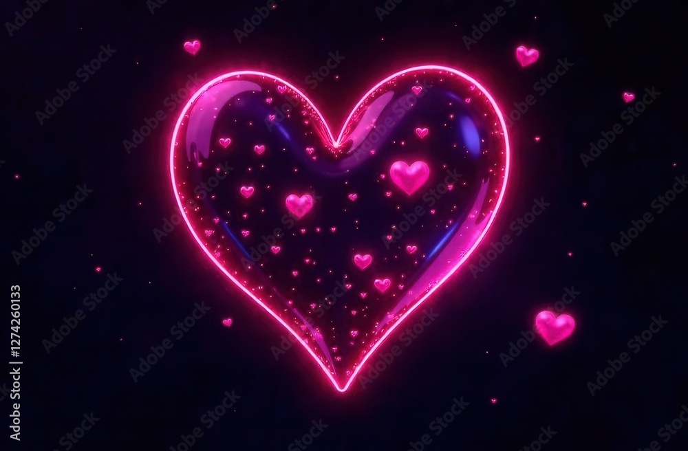 Glowing neon heart with sparkling pink mini hearts on dark background Glowing neon heart with sparkling pink mini hearts on dark background