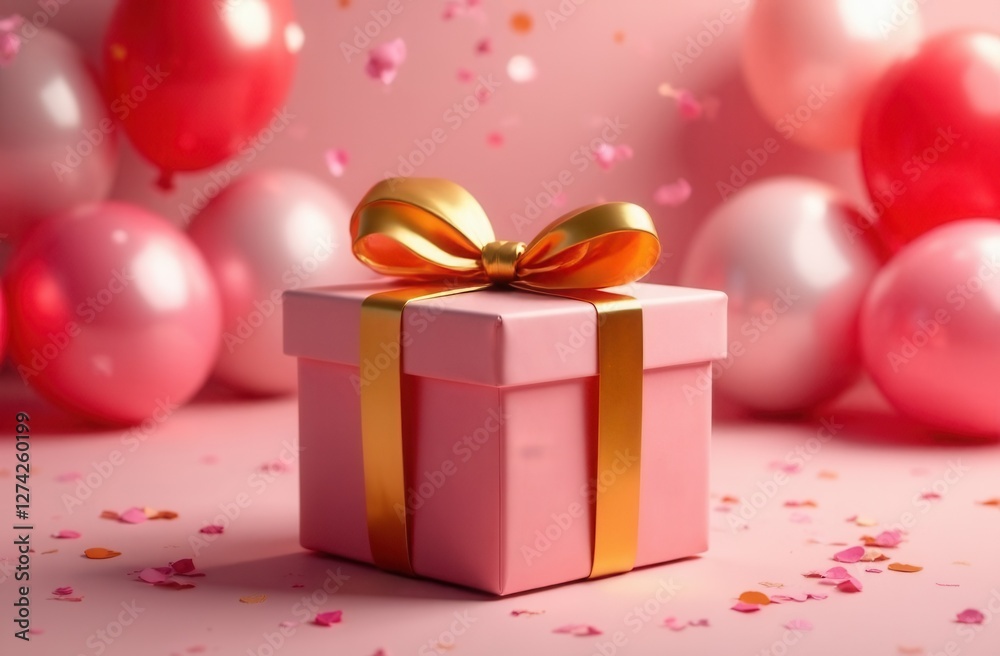 Obraz premium Pink gift box with golden ribbon surrounded by pink and red balloons