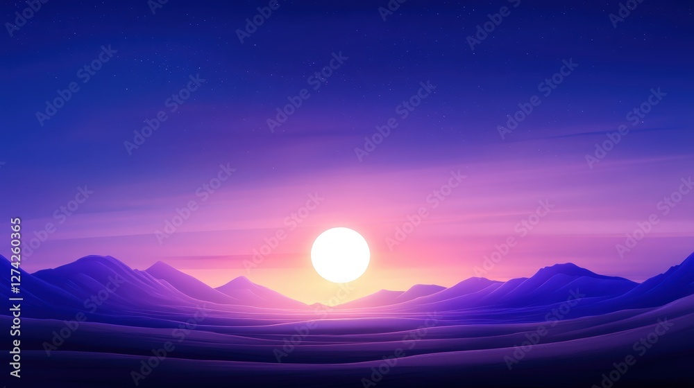 Fototapeta premium A serene landscape at twilight, featuring soft pastel colors as the sun sets over rolling hills, creating a peaceful atmosphere perfect for relaxation and reflection.