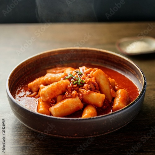 Authentic Korean Tteokbokki in Spicy Gochujang Sauce – Chewy Rice Cakes in Rich, Deep-Red Chili Paste, Served Hot in Rustic Ceramic Bowl – Traditional Korean Street Food, Perfect for Comfort Flavor photo