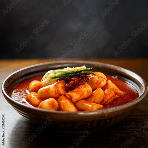 Authentic Korean Tteokbokki in Spicy Gochujang Sauce – Chewy Rice Cakes in Rich, Deep-Red Chili Paste, Served Hot in Rustic Ceramic Bowl – Traditional Korean Street Food, Perfect for Comfort Flavor photo