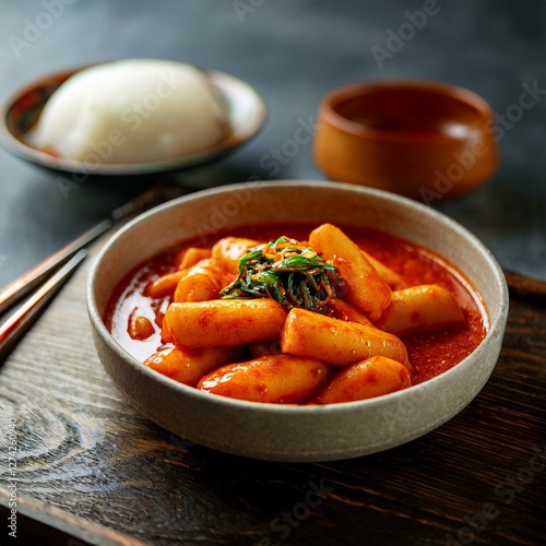 Authentic Korean Tteokbokki in Spicy Gochujang Sauce – Chewy Rice Cakes in Rich, Deep-Red Chili Paste, Served Hot in Rustic Ceramic Bowl – Traditional Korean Street Food, Perfect for Comfort Flavor photo