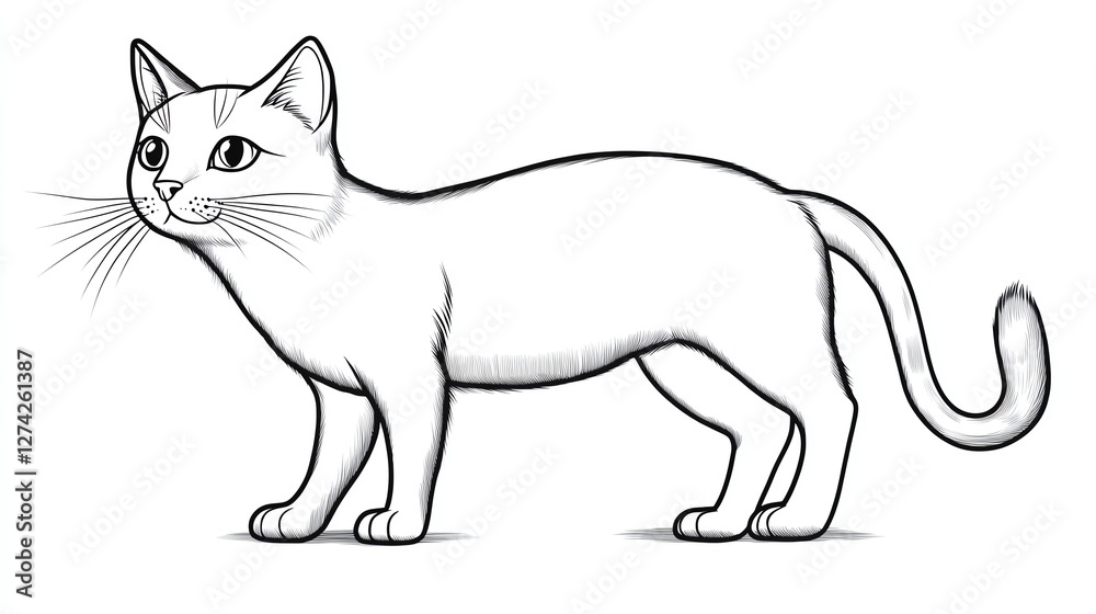 a cat cartoon outline, cute style, minimal line art, black and white, isolated on white background