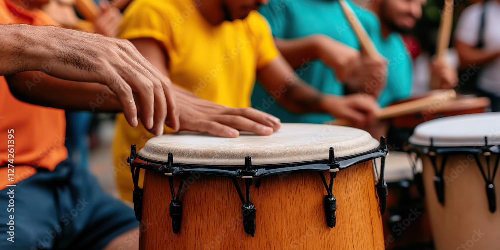 Fototapeta premium Hands Playing Conga Drum with Blurred Background