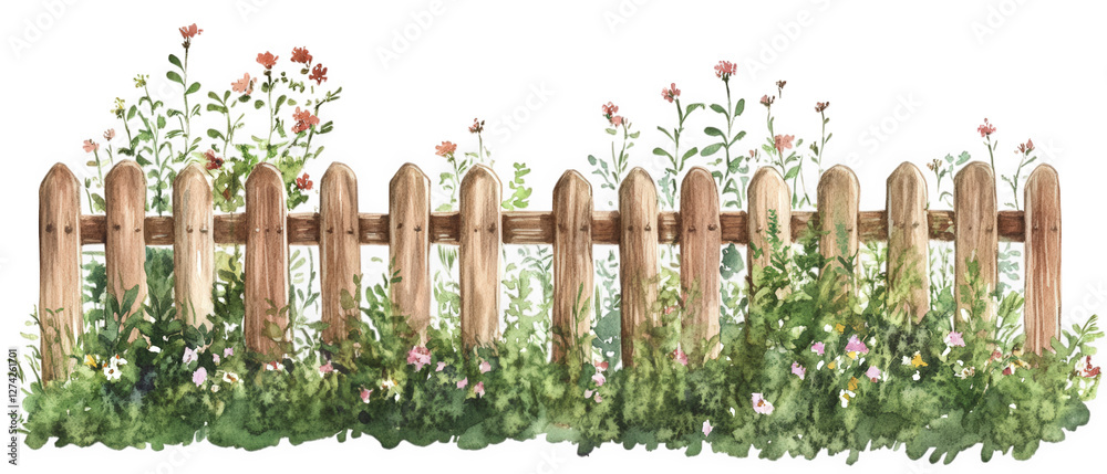 Obraz premium soft watercolor illustration of brown garden fence surrounded by lush greenery and colorful flowers, creating serene and inviting atmosphere