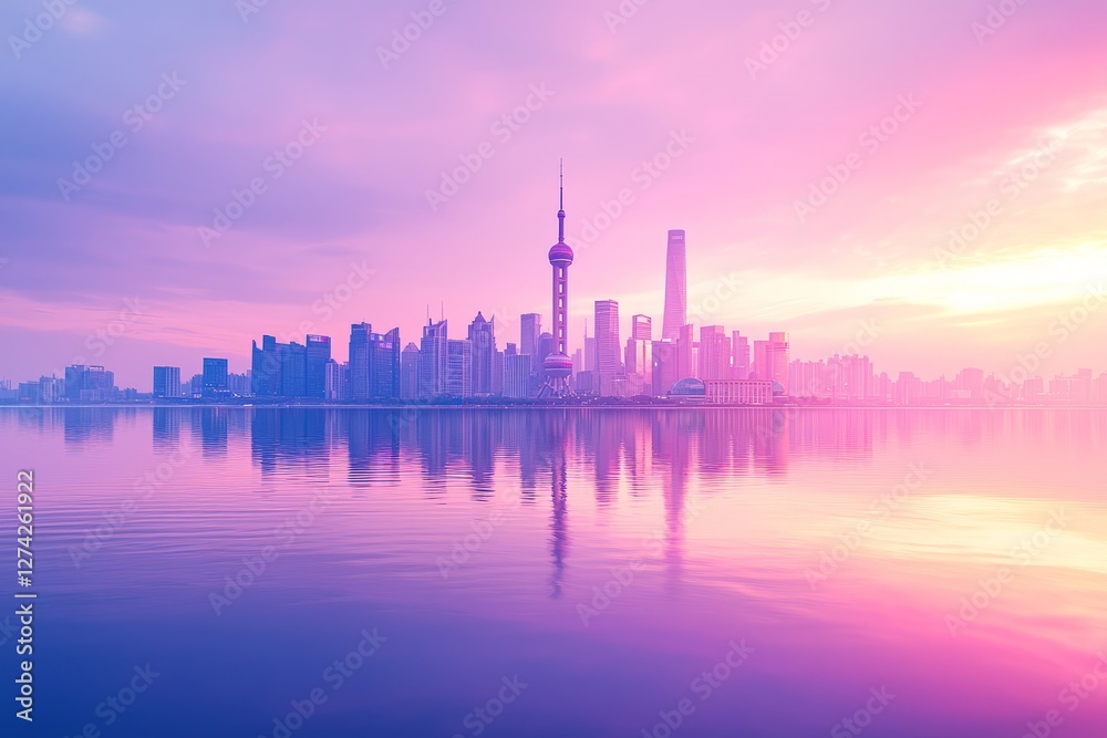 Shanghai skyline reflecting in the river during a colorful sunset. Stunning urban view. Shanghai skyline reflecting in the river during a colorful sunset. Stunning urban view.