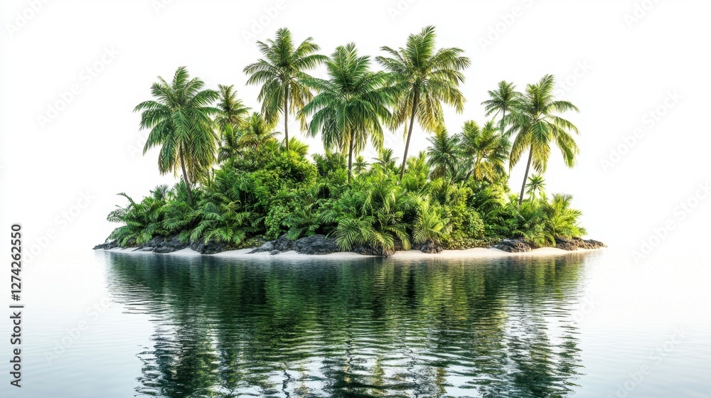 Small tropical island with palm trees surrounded by clear blue ocean water Small tropical island with palm trees surrounded by clear blue ocean water