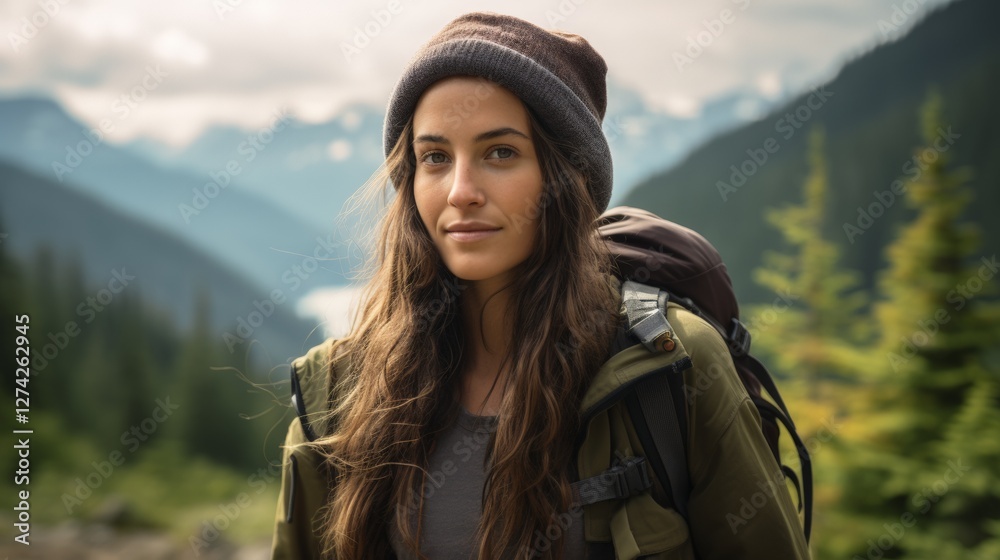 Naklejka premium Young caucasian female hiker in mountain landscape with backpack and beanie
