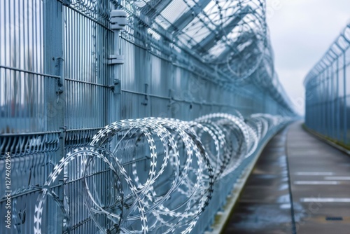 Razor barbed wire or concertina razor coil barrier security fence restricted security area in airport. Neural network ai generated photo