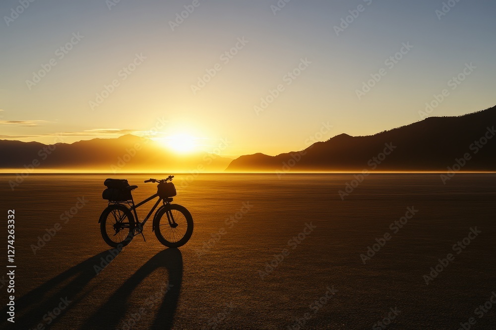 Fototapeta premium Sunrise bike ride, desert landscape, adventure travel