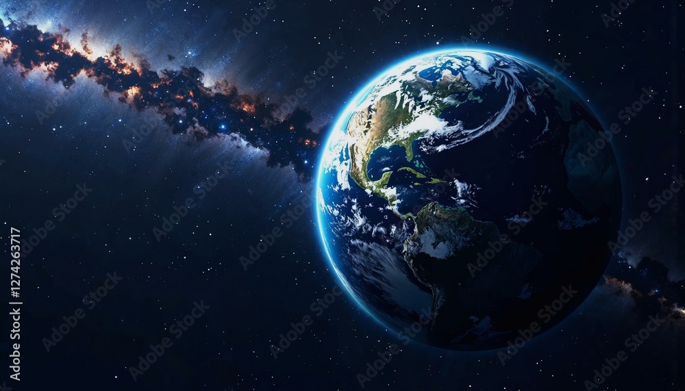 Naklejka premium Cosmic perspective of Earth floating in the darkness of space